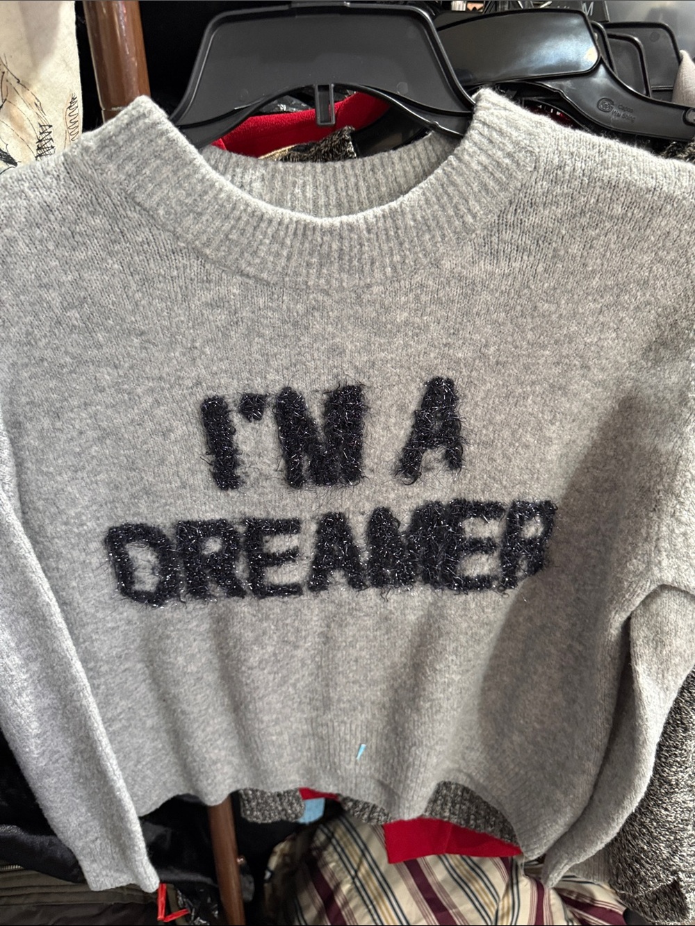 Grey "I'm a Dreamer" Fuzzy Knit Sweater